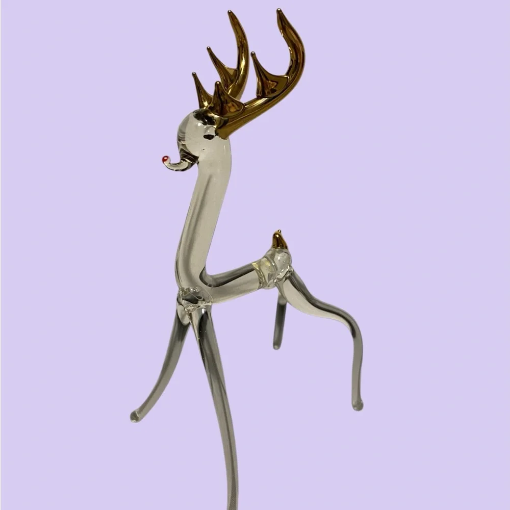 Vintage Reindeer 22 K Gold Overlay Hand Blown Glass Reindeer 5 Piece Set Clear